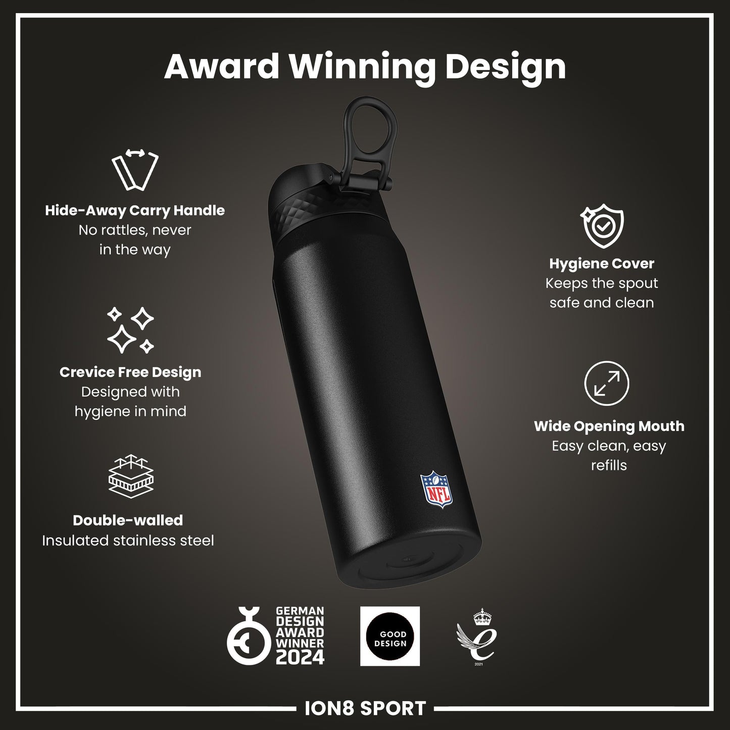 NFL Bears ION8 insulated steel water bottle, 750ml, with team logo and sporty design, durable and spill-proof.