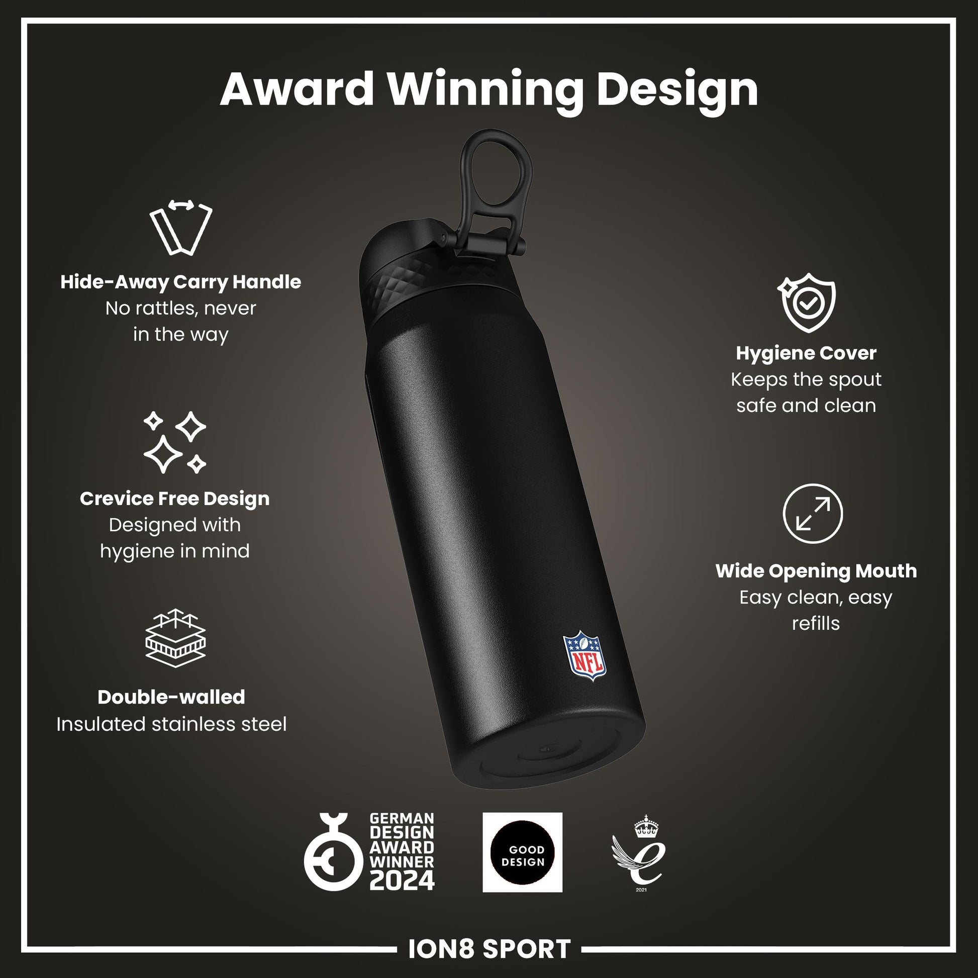 NFL Bears ION8 insulated steel water bottle, 750ml, with team logo and sporty design, durable and spill-proof.