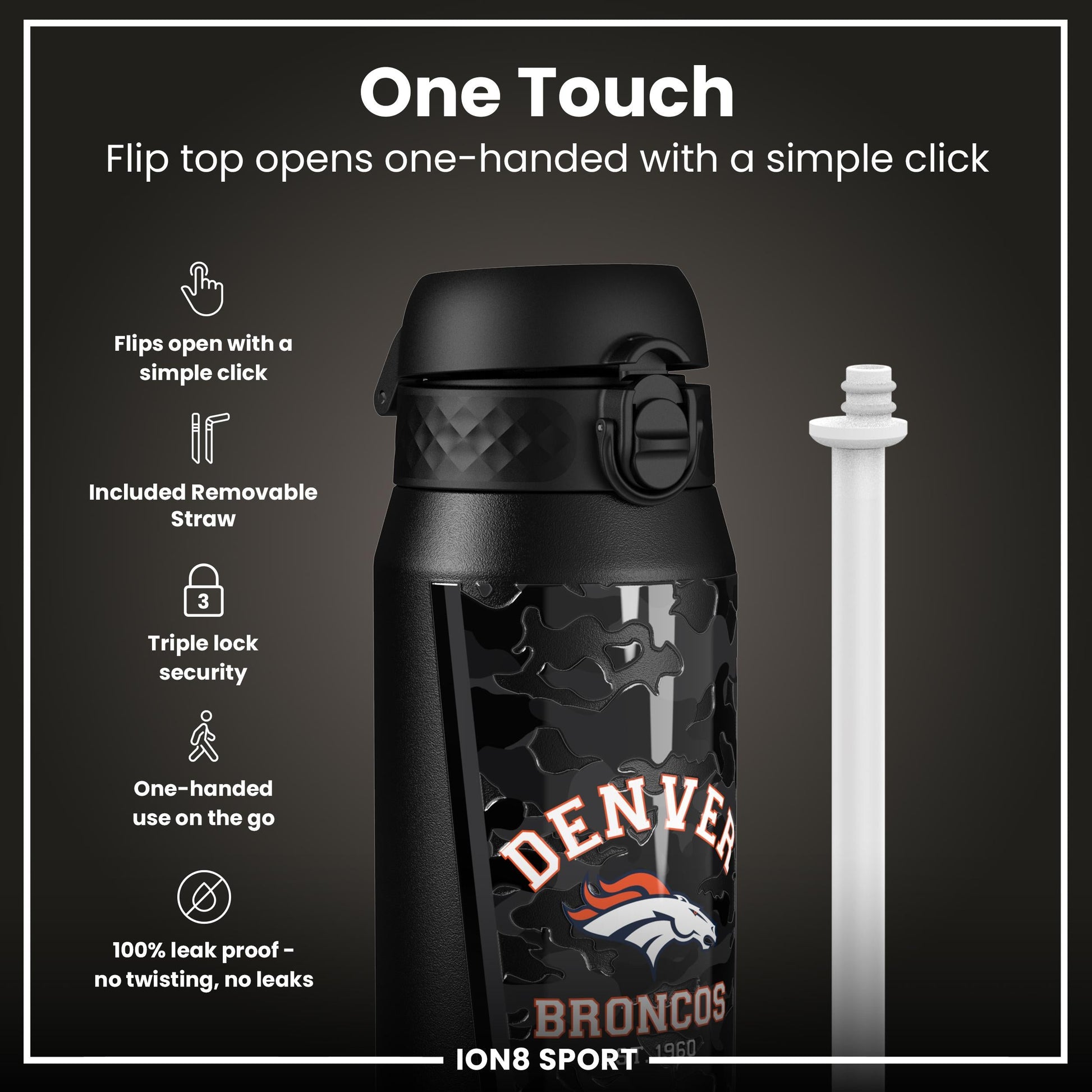 ION8 NFL Broncos insulated steel water bottle, 750ml, featuring team logo and durable design for hot and cold drinks.