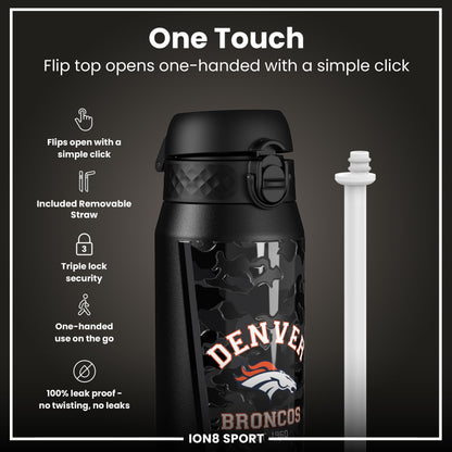 ION8 NFL Broncos insulated steel water bottle, 750ml, featuring team logo and durable design for hot and cold drinks.