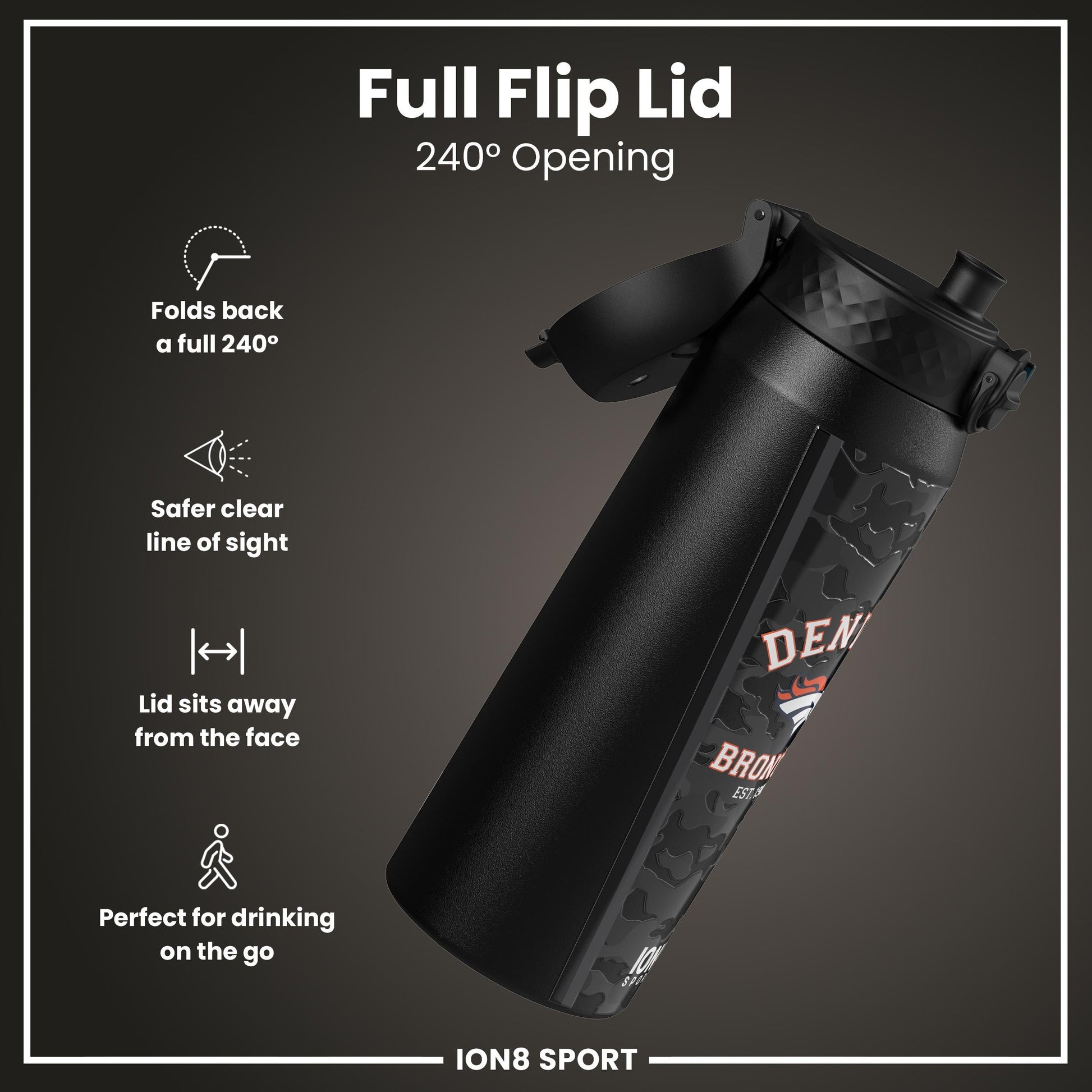 ION8 NFL Broncos insulated steel water bottle, 750ml, with team logo and sporty design, perfect for staying hydrated on the go.