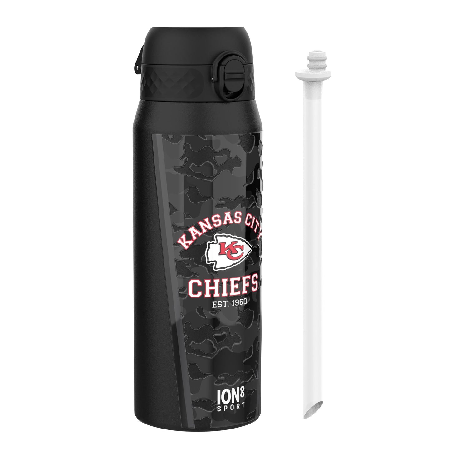 ION8 NFL Chiefs insulated steel water bottle, 750ml, with team logo and sleek design, ideal for keeping drinks hot or cold.