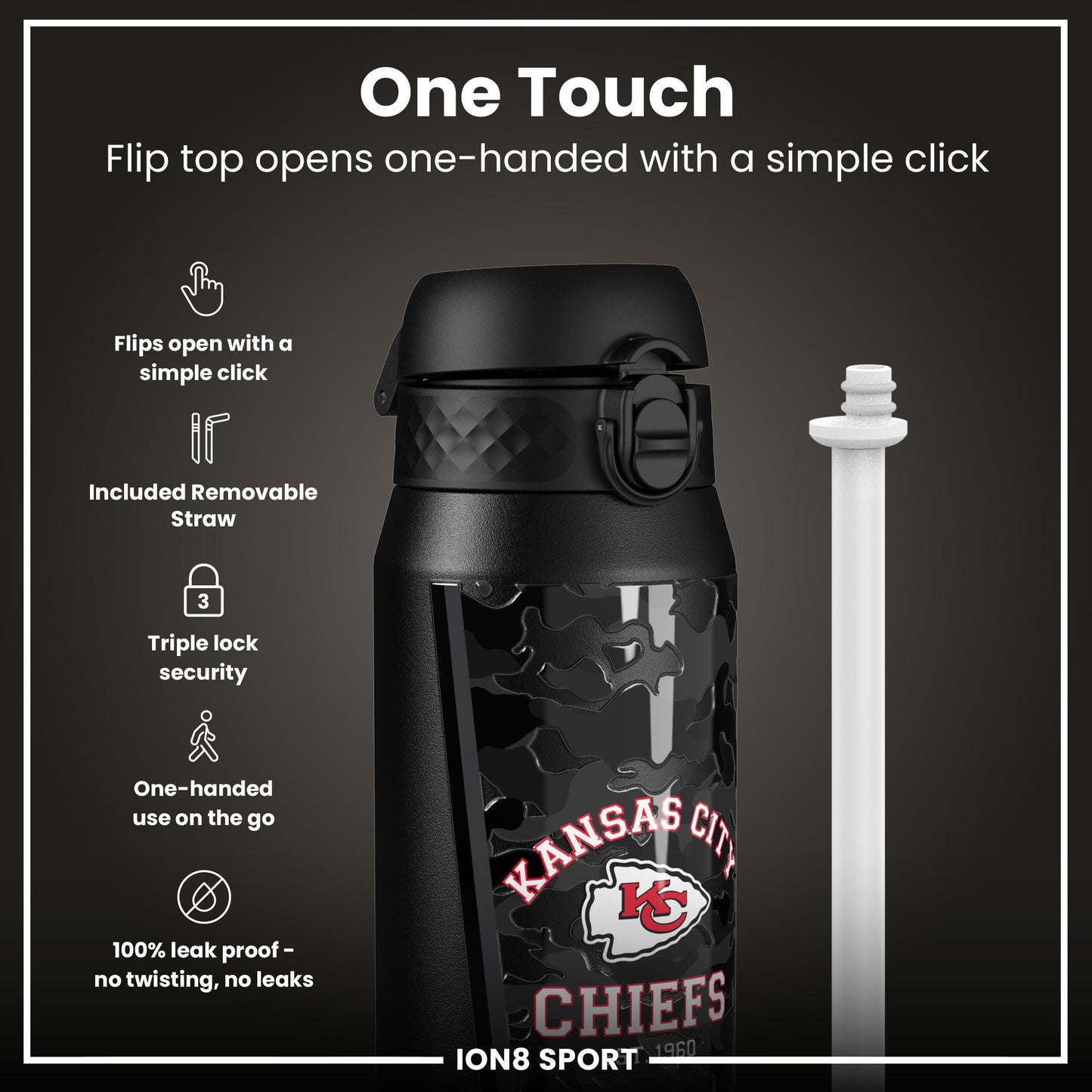Ion8 NFL Chiefs insulated steel water bottle, 750ml, with team logo and stainless steel design for sports hydration.