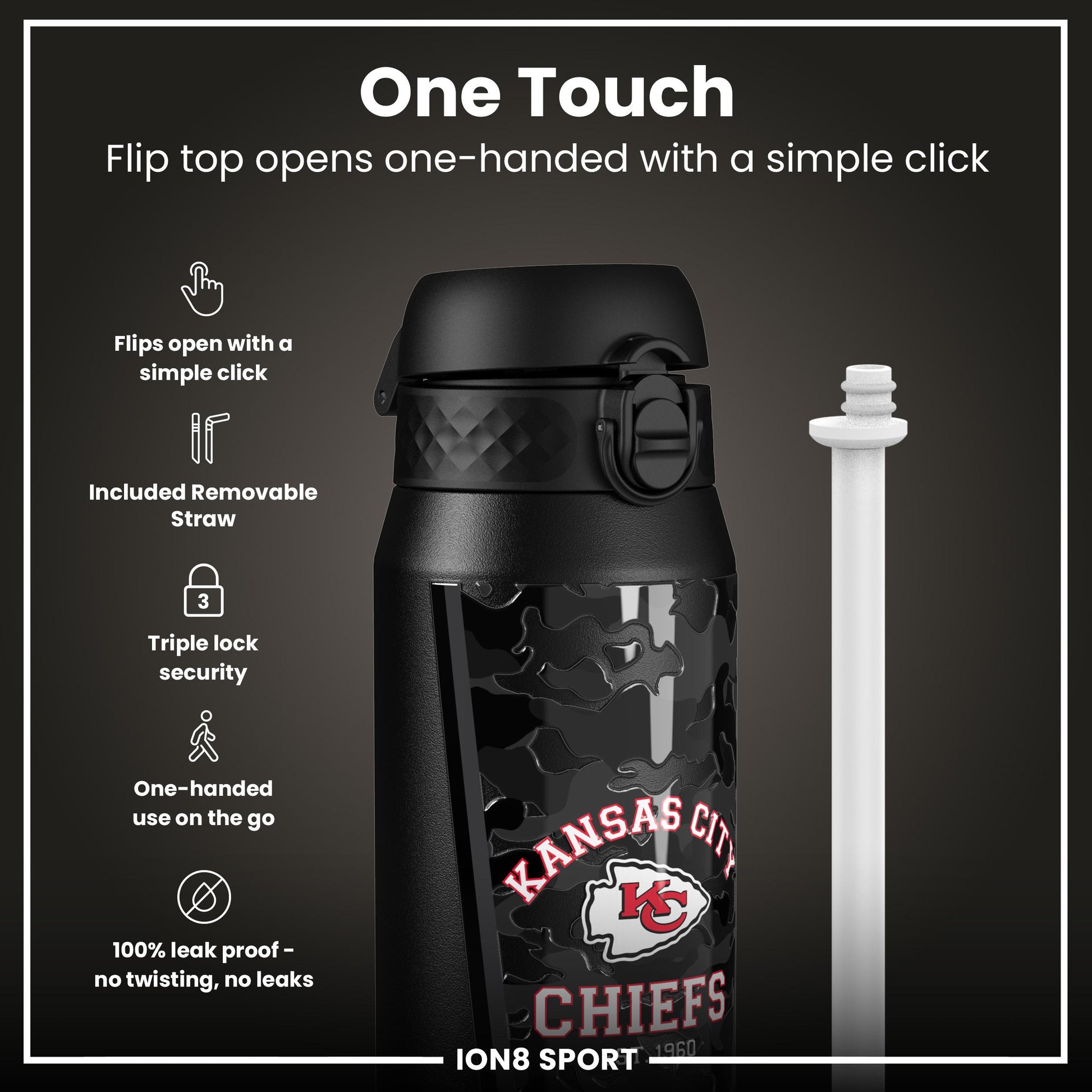 Ion8 NFL Chiefs insulated steel water bottle, 750ml, with team logo and stainless steel design for sports hydration.