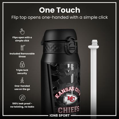 Ion8 NFL Chiefs insulated steel water bottle, 750ml, with team logo and stainless steel design for sports hydration.