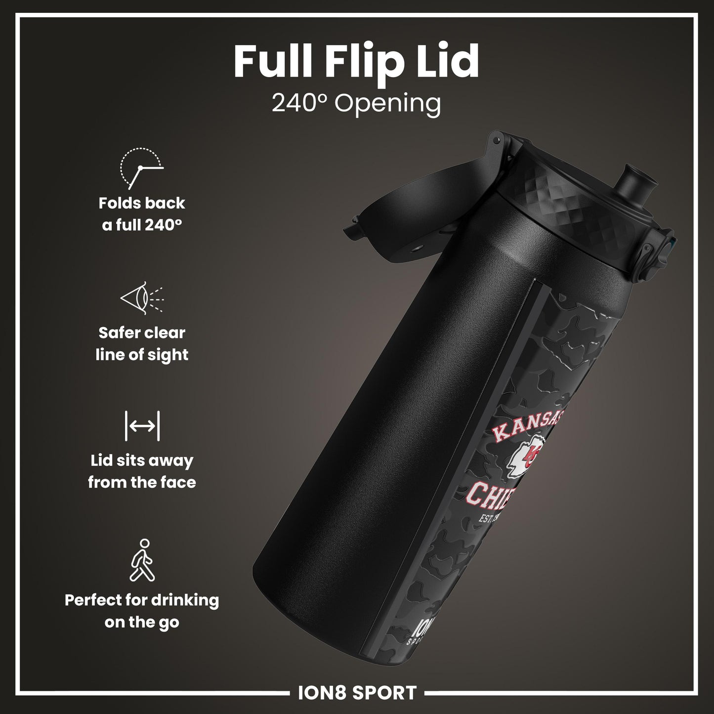 ION8 NFL Chiefs insulated steel water bottle, 750ml (24oz), durable design with team logo, perfect for staying hydrated on the go.