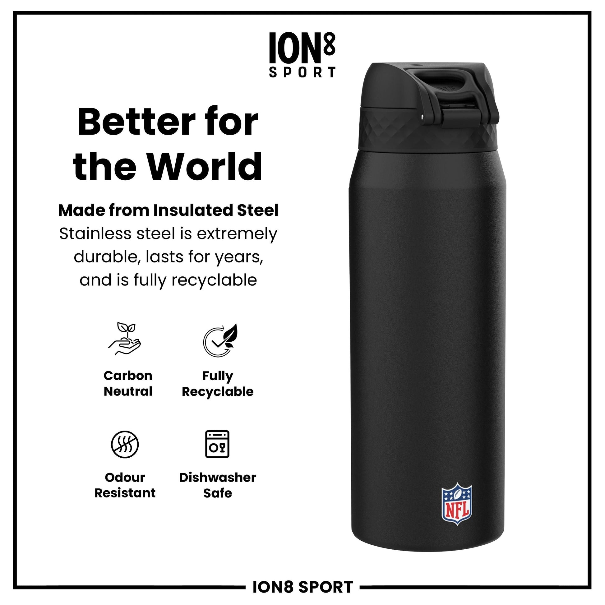 ION8 NFL Chiefs insulated steel water bottle, 750ml, sleek design with team logo, durable and leak-proof for sports and outdoor use