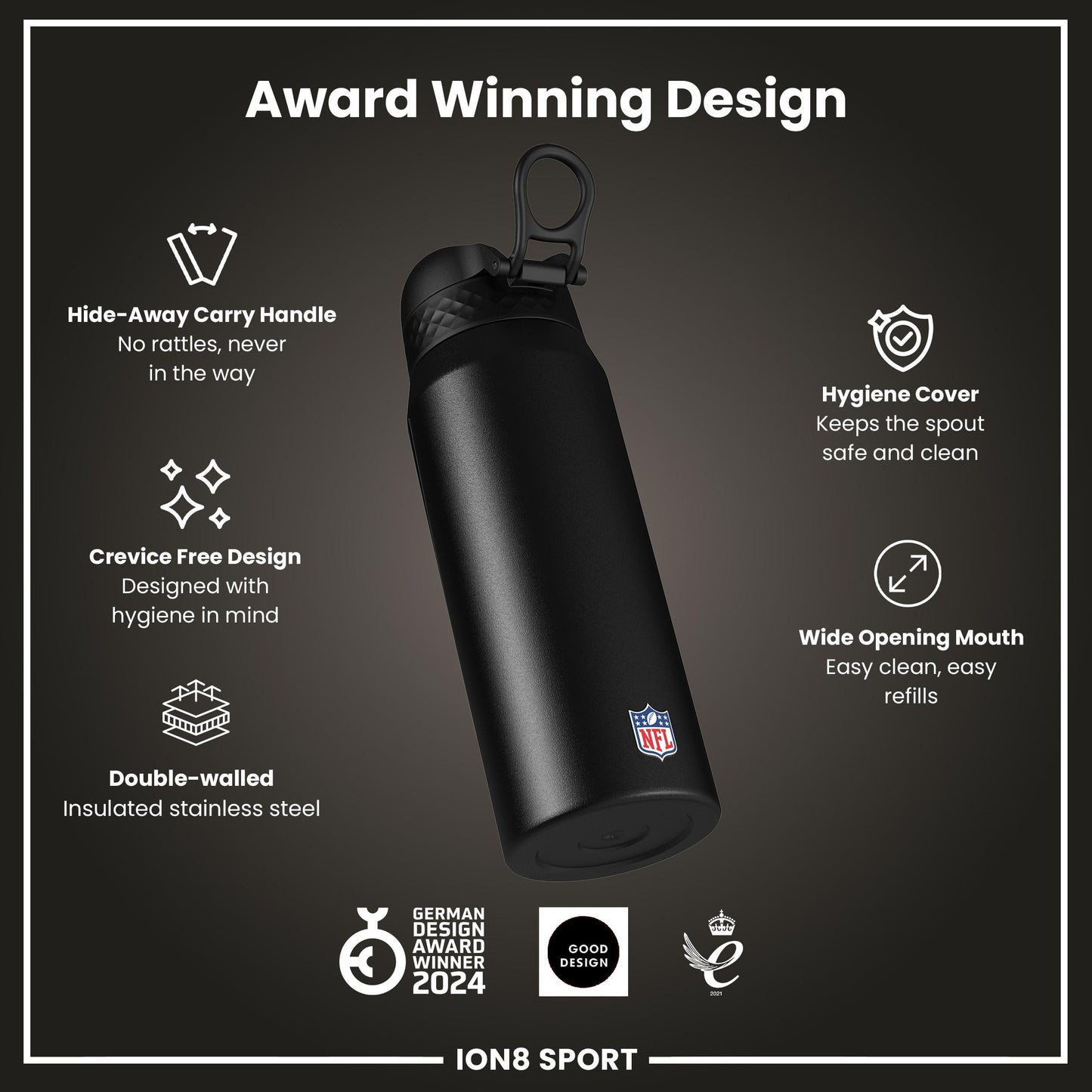 Ion8 NFL Chiefs insulated steel water bottle, 750ml, durable stainless steel design with Chiefs logo and leak-proof lid.