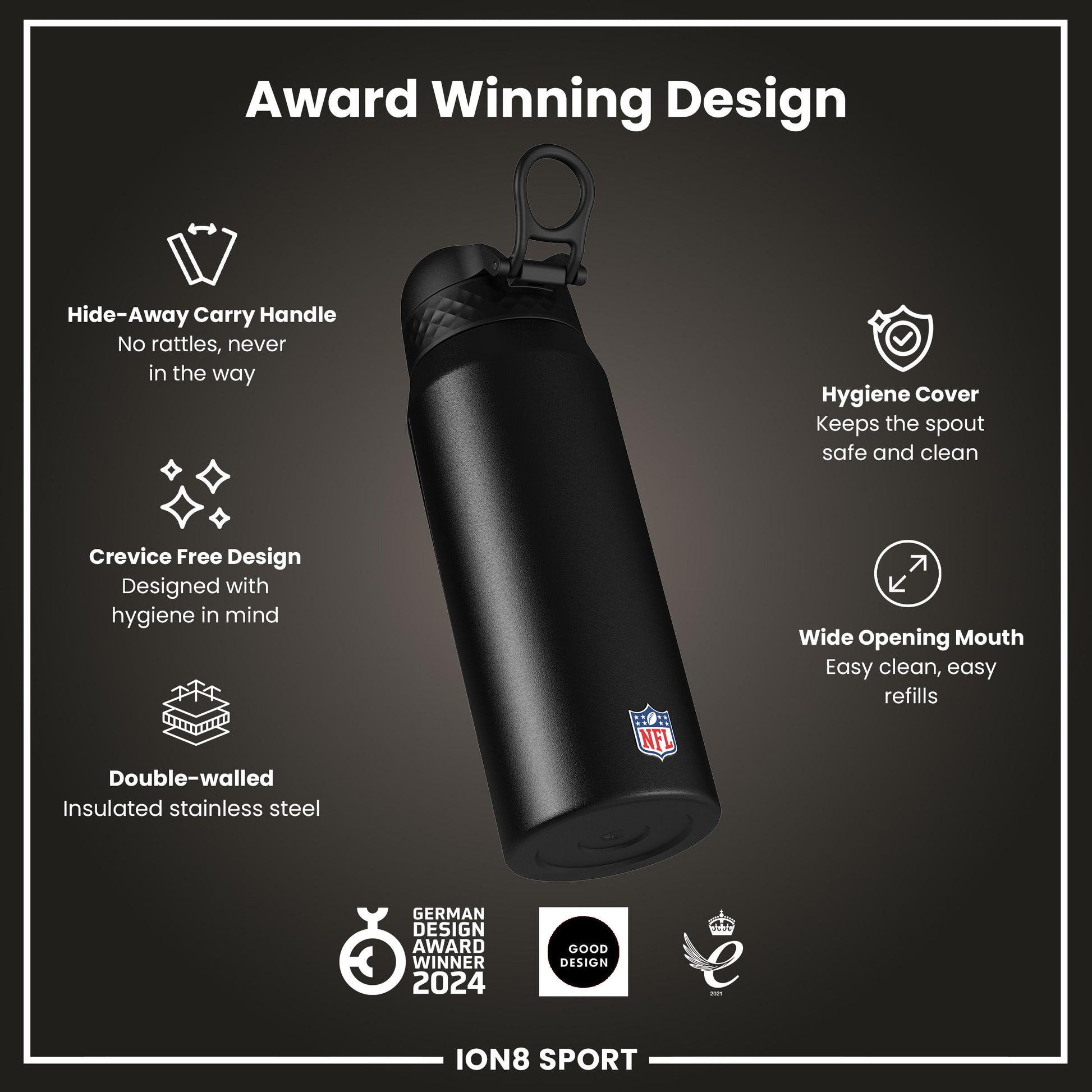 Ion8 NFL Chiefs insulated steel water bottle, 750ml, durable stainless steel design with Chiefs logo and leak-proof lid.