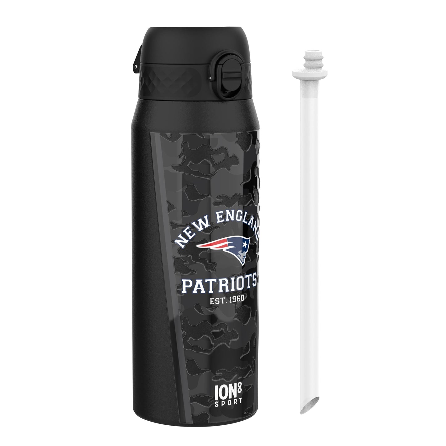 ION8 NFL Patriots insulated steel water bottle, 750ml, with team logo, durable design, and leak-proof lid for sports and everyday use.