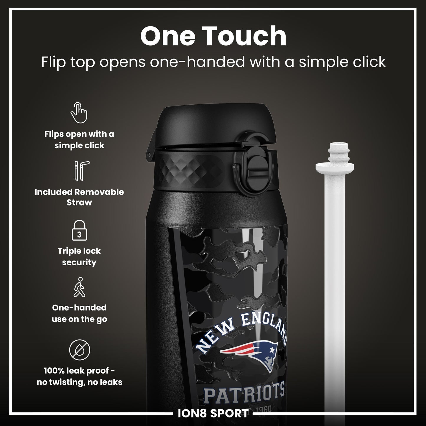 NFL Patriots ION8 insulated steel water bottle, 750ml (24oz), durable stainless steel sports bottle with team logo.