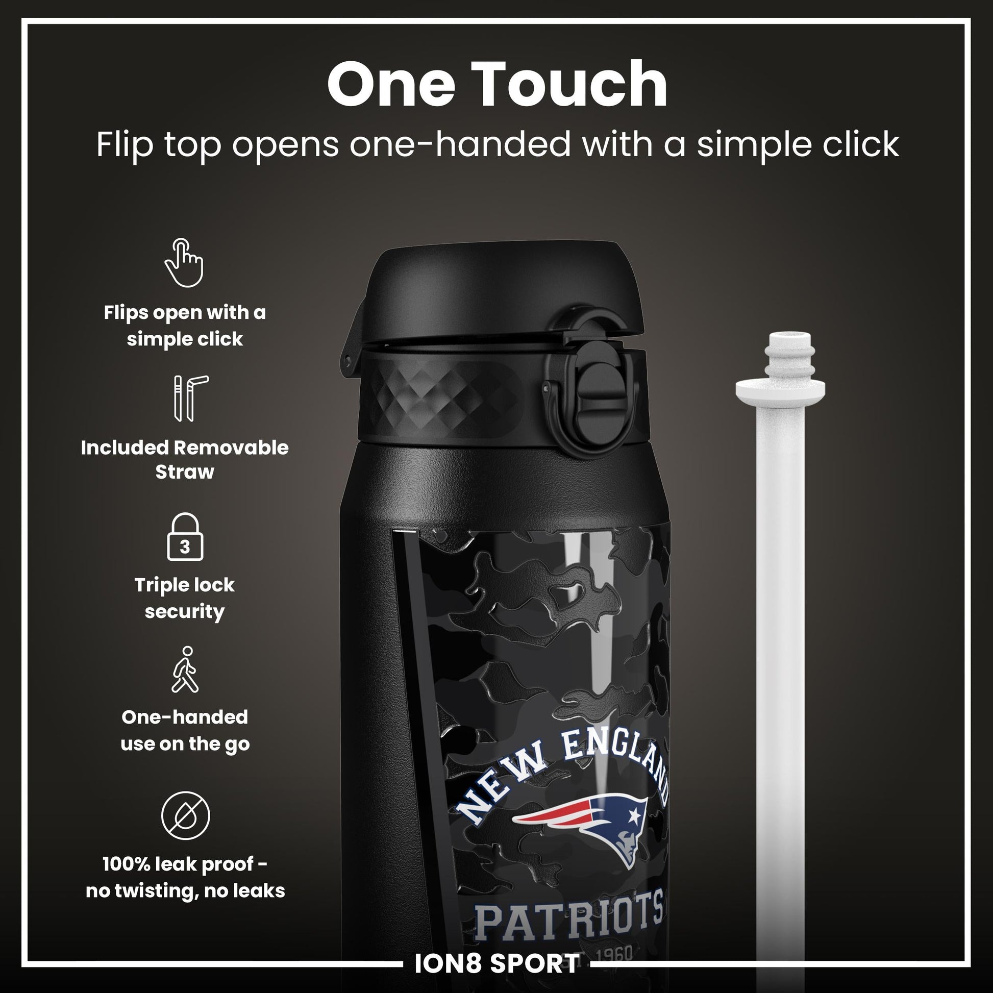 NFL Patriots ION8 insulated steel water bottle, 750ml (24oz), durable stainless steel sports bottle with team logo.