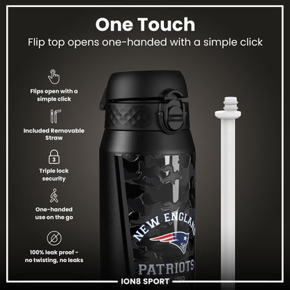 NFL Patriots ION8 insulated steel water bottle, 750ml (24oz), durable stainless steel sports bottle with team logo.