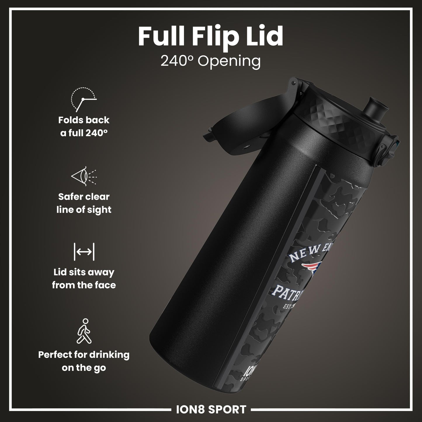 NFL Patriots ION8 insulated steel water bottle, 750ml, with Patriots logo and stainless steel finish, durable sports hydration bottle