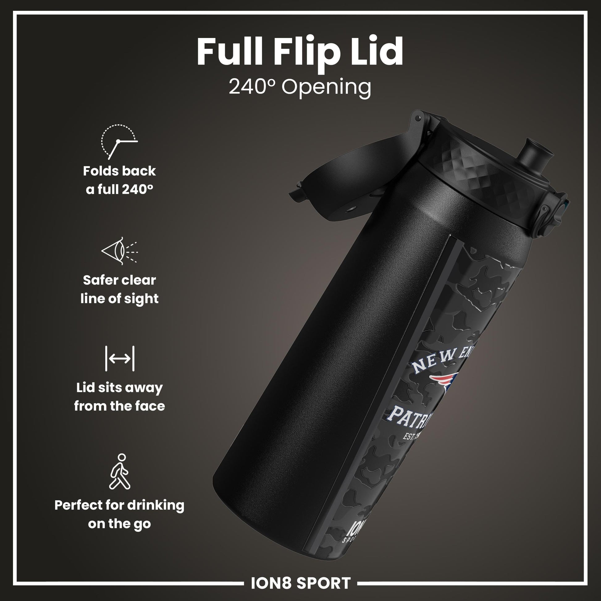 NFL Patriots ION8 insulated steel water bottle, 750ml, with Patriots logo and stainless steel finish, durable sports hydration bottle