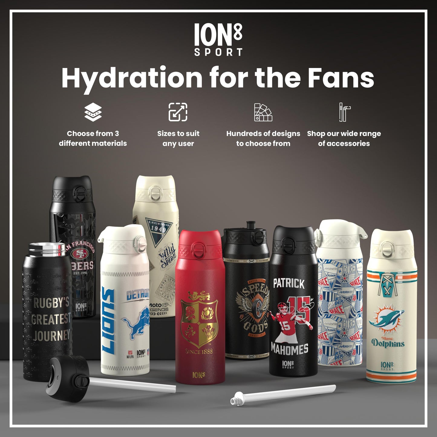 ION8 insulated steel water bottle with NFL Patriots logo, 750ml (24oz), durable design for keeping drinks cold or hot.