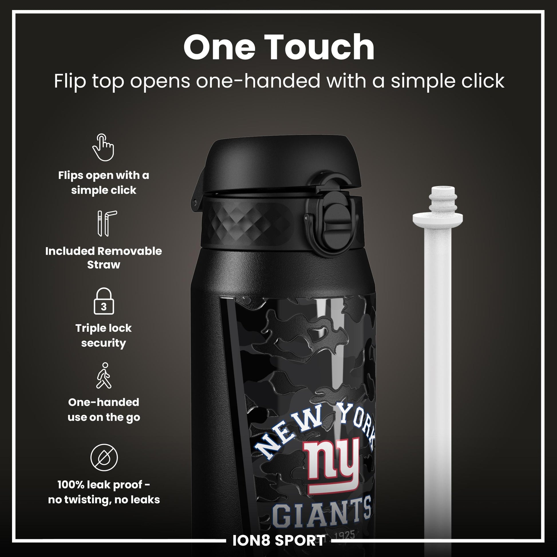 ION8 NFL Giants insulated steel water bottle, 750ml (24oz), durable and leak-proof, featuring team logo and sports design.