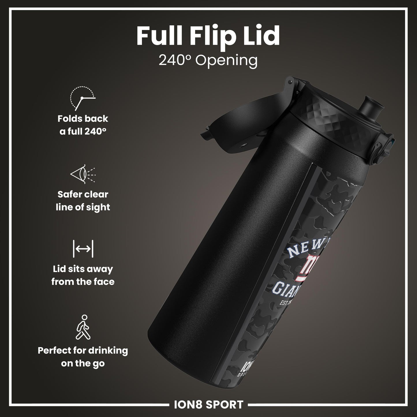 Ion8 insulated steel water bottle featuring NFL Giants logo, 750ml (24oz), durable design and leak-proof cap.