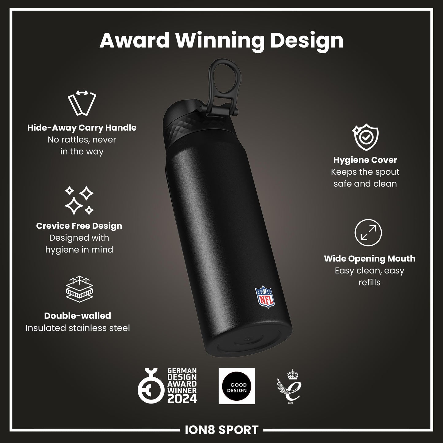 ION8 NFL Giants insulated steel water bottle, 750ml, with team logo and design, durable stainless steel construction.