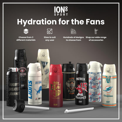 ION8 NFL Giants insulated steel water bottle, 750ml, featuring team logo and durable design for sports and everyday use.