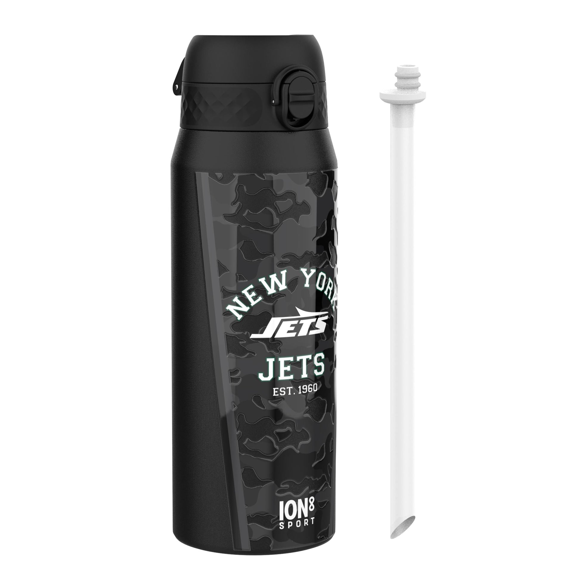 ION8 insulated steel water bottle featuring NFL Jets logo, 750ml capacity, designed for keeping drinks hot or cold.