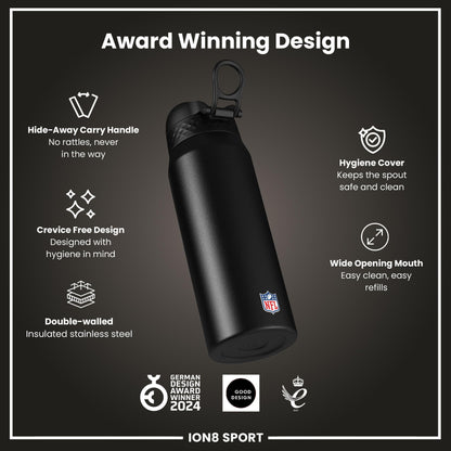 ION8 NFL Jets insulated steel water bottle, 750ml (24oz), durable stainless steel with Jets logo, ideal for keeping drinks hot or cold.