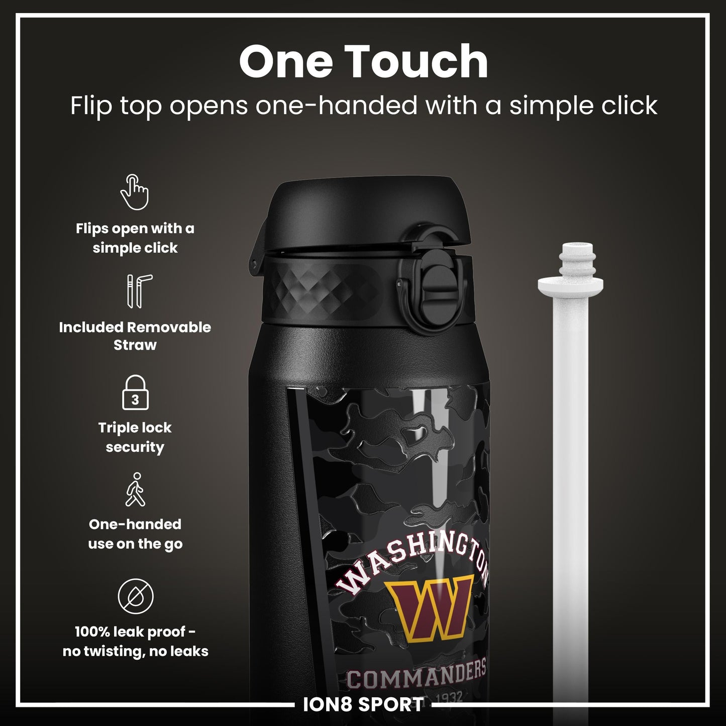 ION8 NFL Commanders insulated steel water bottle, 750ml (24oz), durable sports water bottle with team logo and sleek design