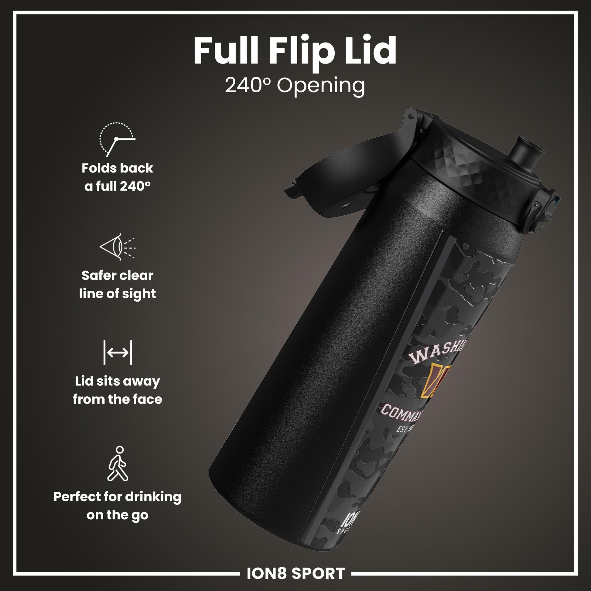 ION8 insulated steel water bottle featuring NFL Commanders logo, 750ml capacity, durable design for sports and outdoor use.
