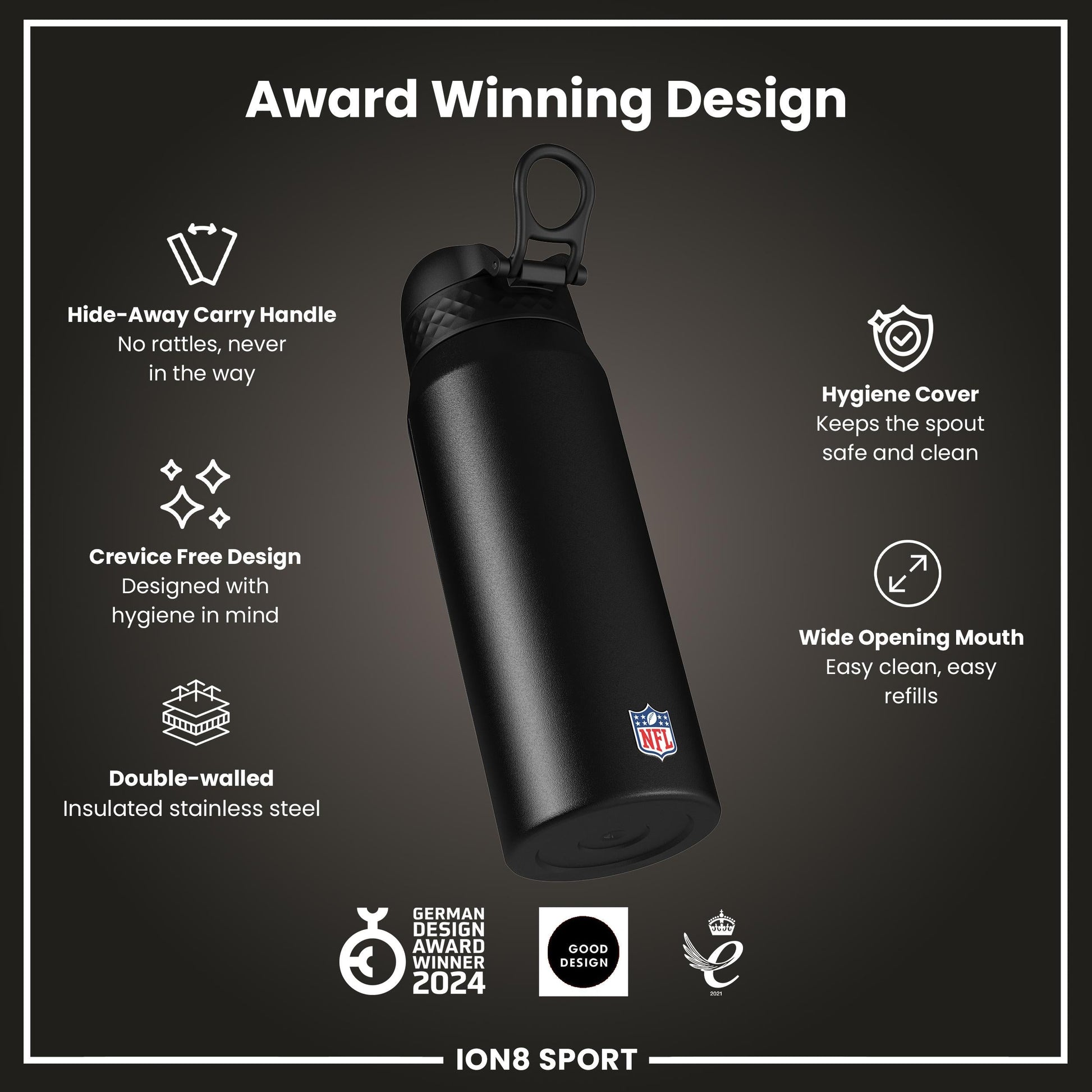 Ion8 NFL Commanders insulated steel water bottle, 750ml (24oz), with navy and red design and secure lid, perfect for hydration.