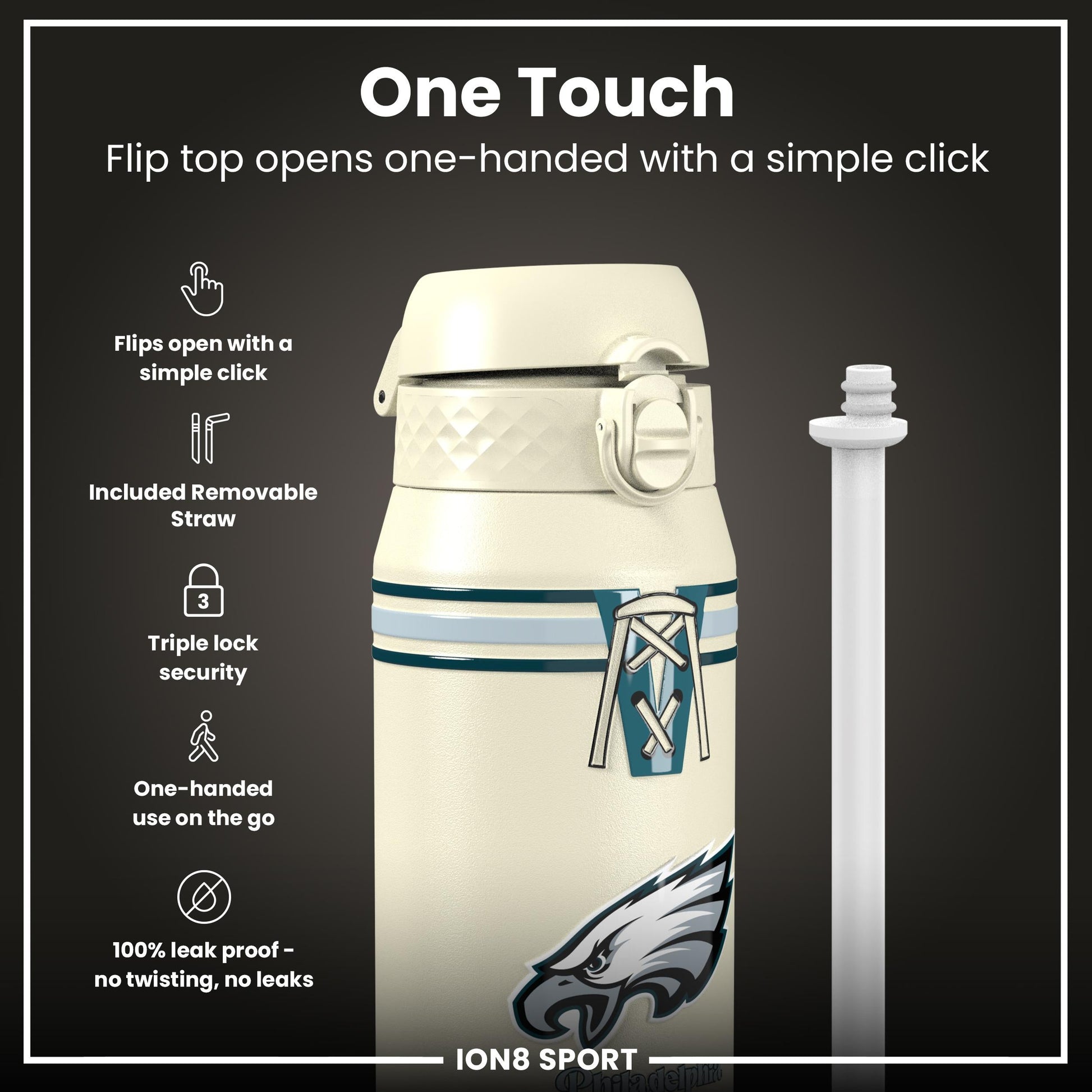 ION8 NFL Eagles insulated steel water bottle, 750ml, with team logo and durable design for sports and outdoor use
