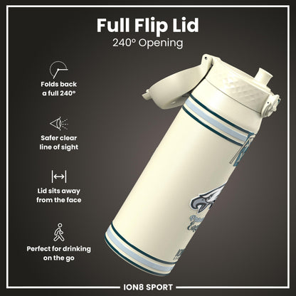 ION8 NFL Eagles insulated steel water bottle, 750ml, with team logo and stainless steel finish, designed for hot and cold drinks.