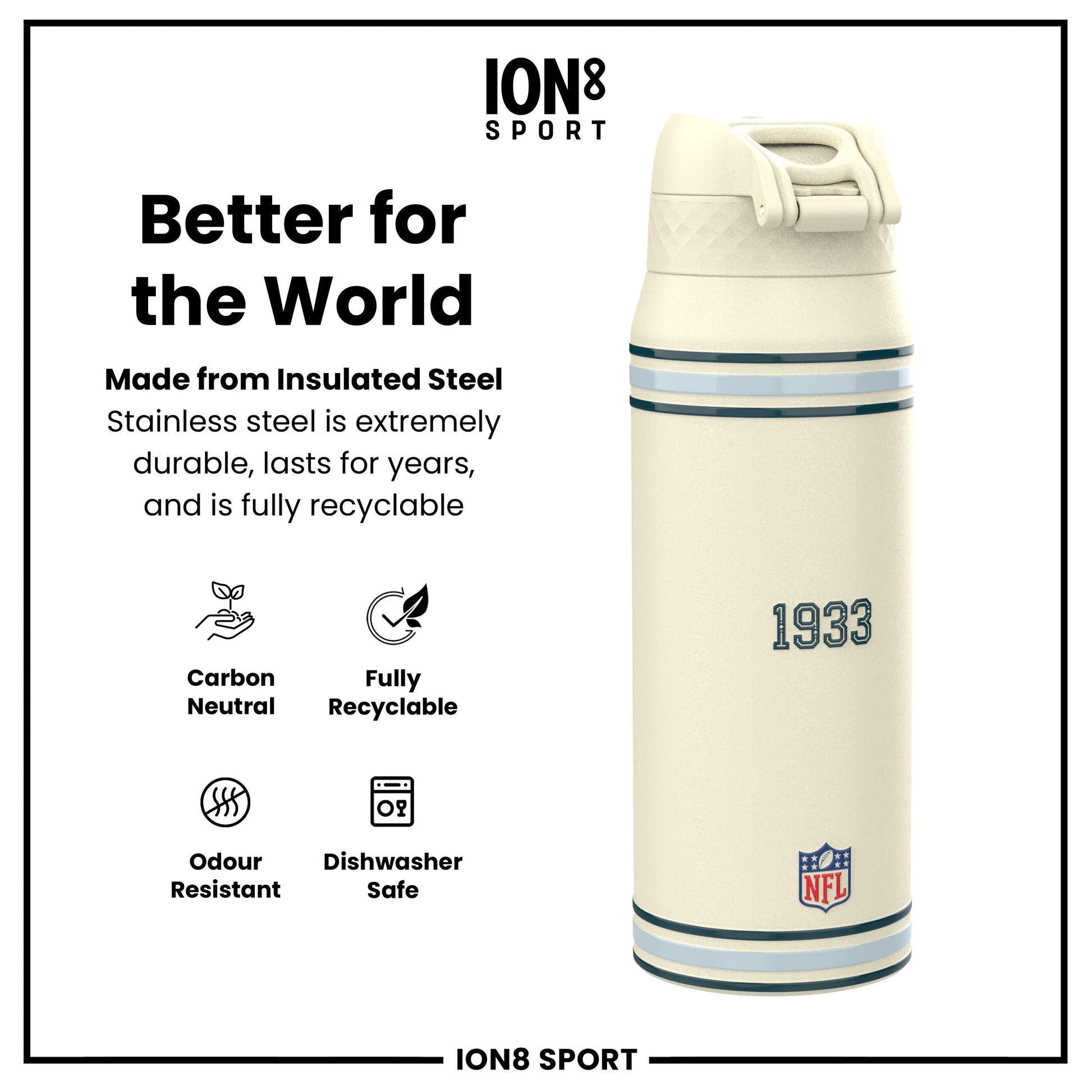 ION8 NFL Eagles insulated steel water bottle, 750ml, with team logo, durable design, perfect for sports and outdoor activities.