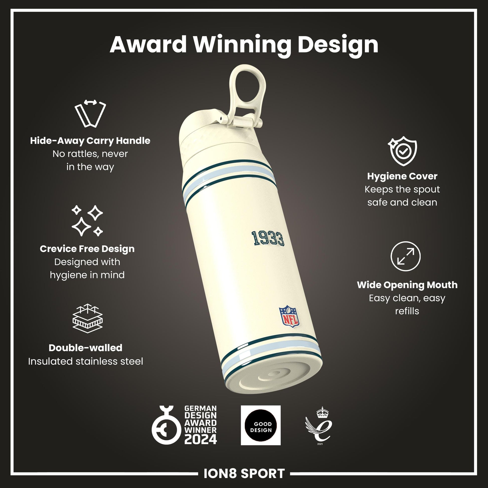 ION8 NFL Eagles insulated steel water bottle, 750ml, with team logo, durable design, and leak-proof cap for sports and outdoor use