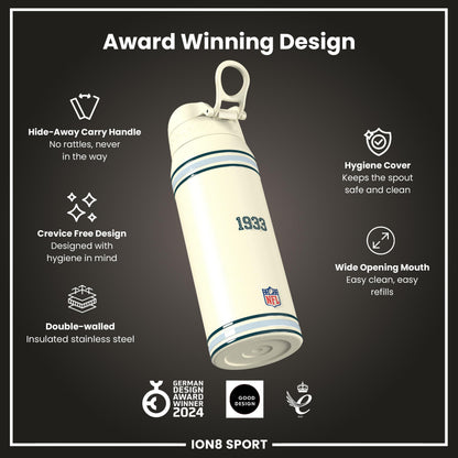 ION8 NFL Eagles insulated steel water bottle, 750ml, with team logo, durable design, and leak-proof cap for sports and outdoor use