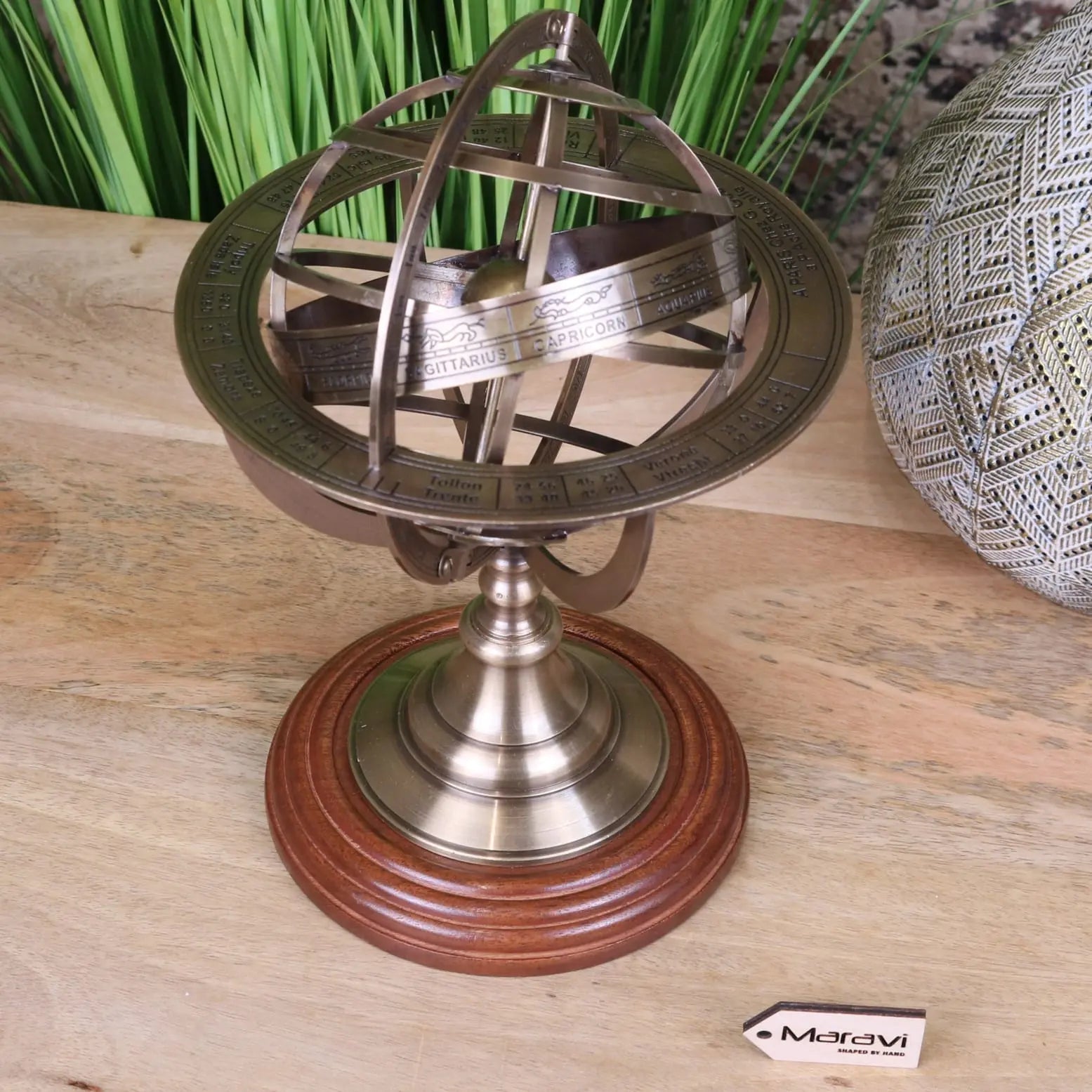 Large brass armillary sphere ornament for desks, 30cm decorative brass desk accessory by Maravi.