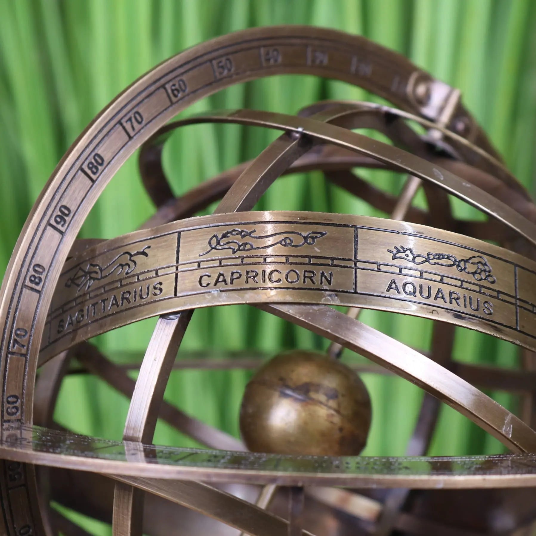 Large brass armillary sphere ornament by Maravi, 30cm desk accessory with intricate globe design for decorative purposes.