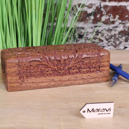 Daipur Hand Carved Sheesham Wood Pen Box | Wooden Desk Storage Case