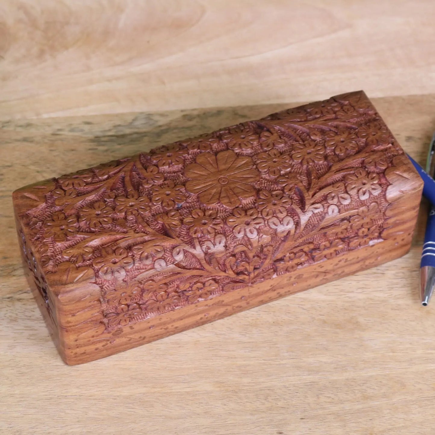 Daipur Hand Carved Sheesham Wood Pen Box | Wooden Desk Storage Case