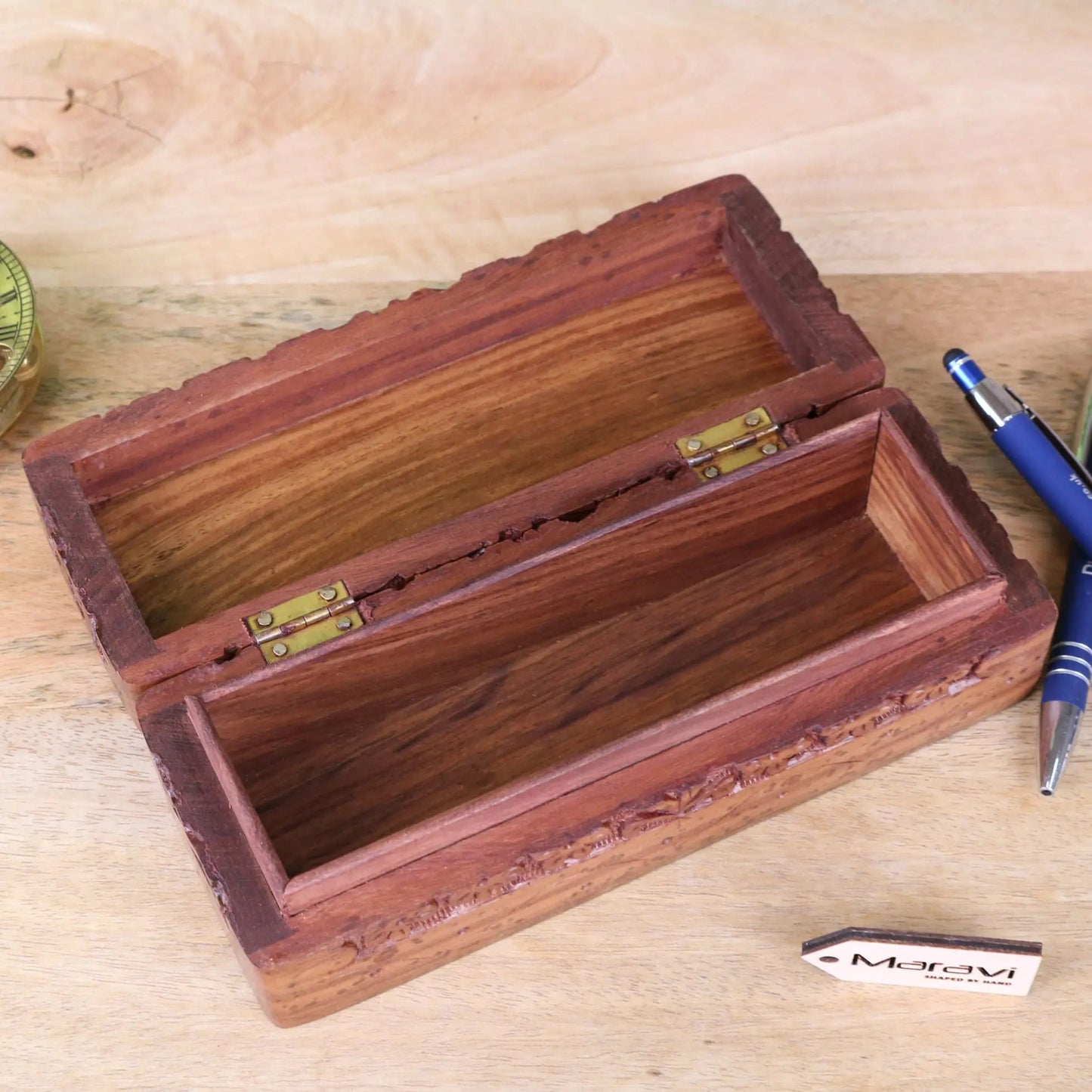Daipur Hand Carved Sheesham Wood Pen Box | Wooden Desk Storage Case