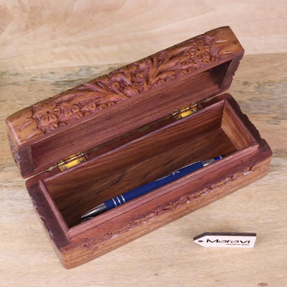 Daipur Hand Carved Sheesham Wood Pen Box | Wooden Desk Storage Case