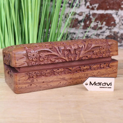 Daipur Hand Carved Sheesham Wood Pen Box | Wooden Desk Storage Case