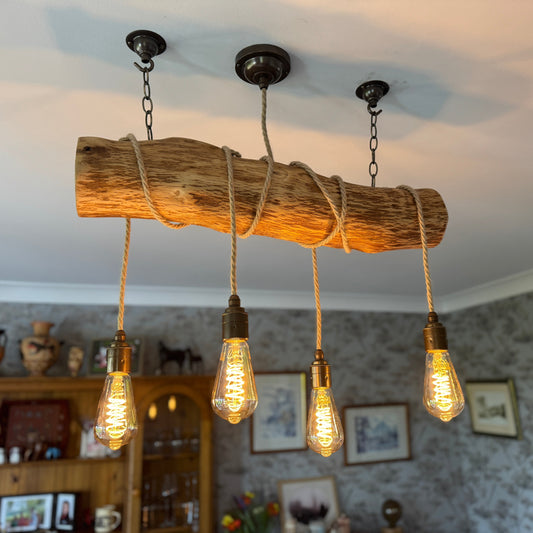 Rustic oak wrap-around chandelier by MooBoo Home with warm wood finish and elegant design, hanging from ceiling with multiple light fixtures.