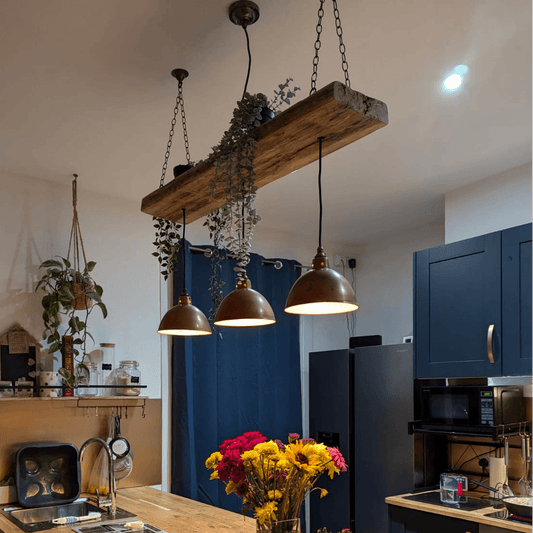 Wooden beam light with fabric shades, 120cm, from MooBoo Home, featuring a rustic wooden frame and hanging fabric lamps.
