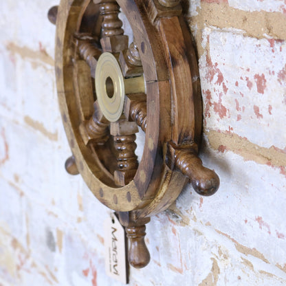 Maravi Naav wooden ships wheel ornament in natural wood finish, decorative nautical decor for home or maritime themed spaces.