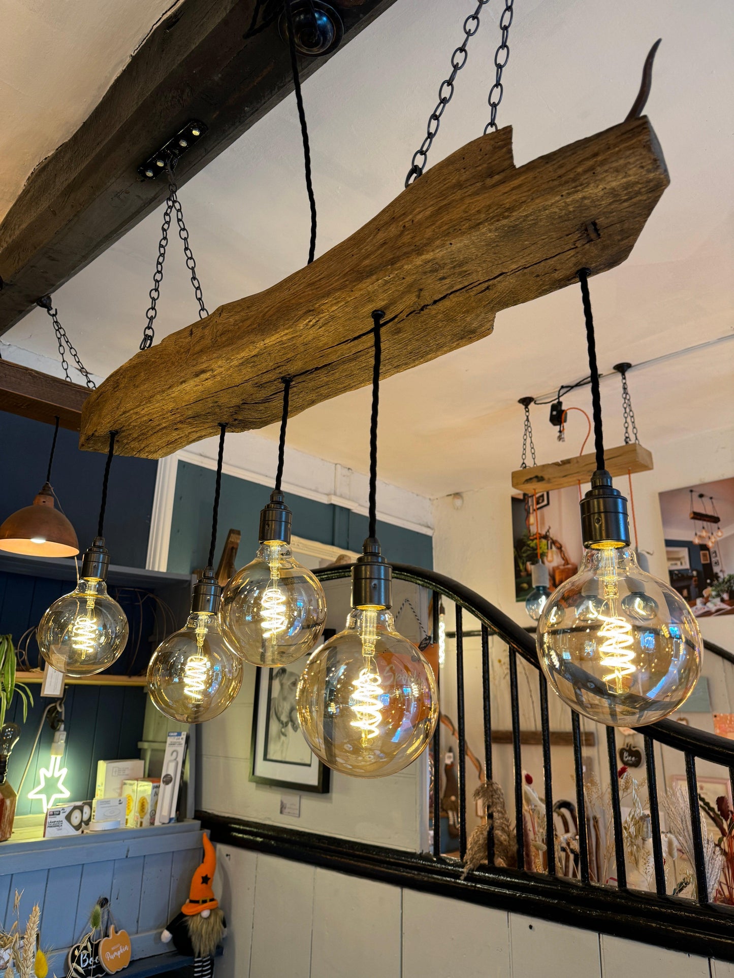 Rustic 300-year-old reclaimed oak beam chandelier with five light holders, MooBoo Home ceiling lighting fixture.
