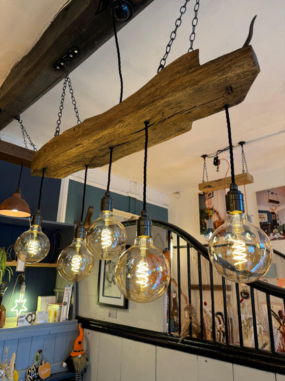 Rustic 300-year-old reclaimed oak beam chandelier with five light holders, MooBoo Home ceiling lighting fixture.