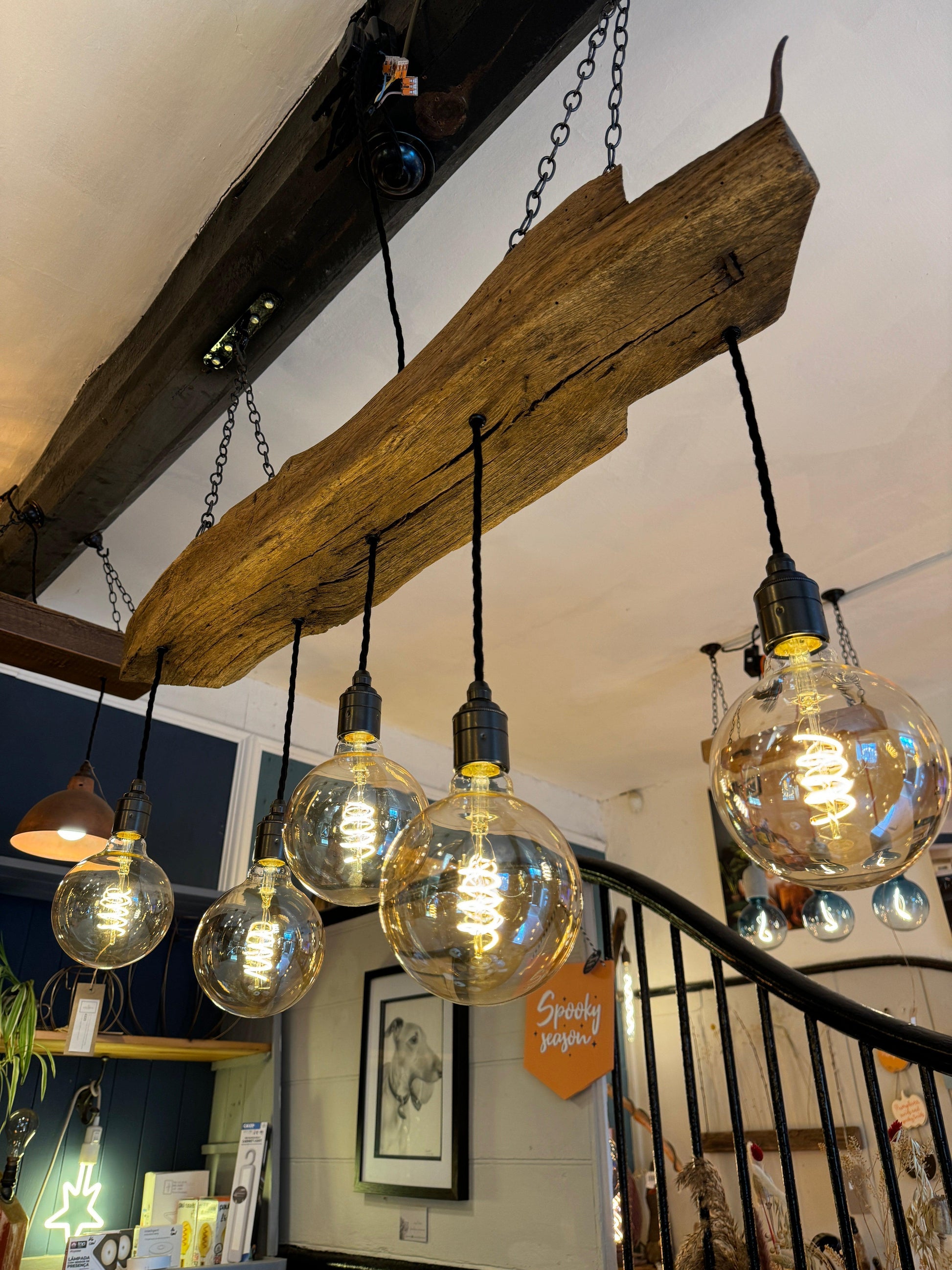 Rustic 300-year-old reclaimed oak beam chandelier with five light holders, MooBoo Home ceiling lighting fixture.
