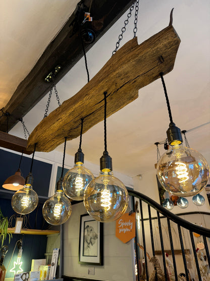 Rustic 300-year-old reclaimed oak beam chandelier with five light holders, MooBoo Home ceiling lighting fixture.