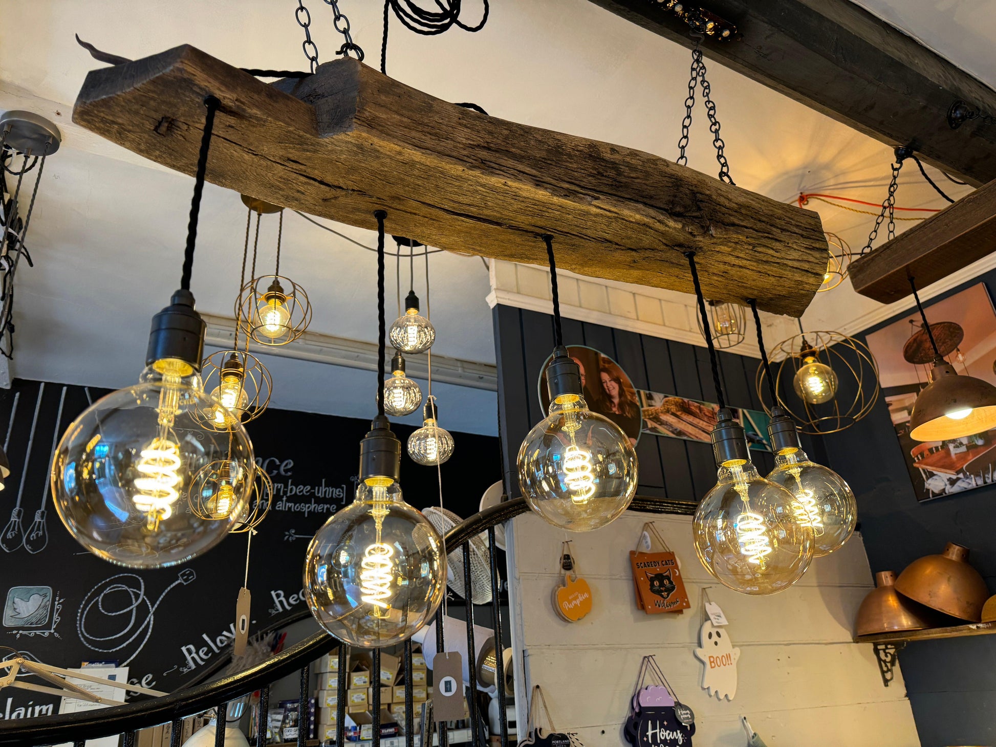 Rustic 300-year-old reclaimed oak beam chandelier with five light holders, MooBoo Home vintage ceiling lighting fixture.