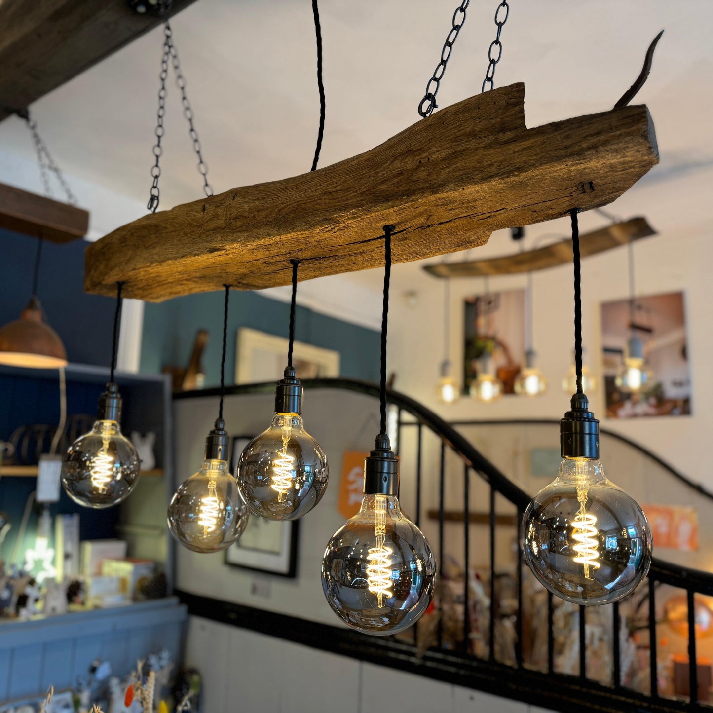 Rustic 300-year-old reclaimed oak beam chandelier with five light holders, MooBoo Home vintage ceiling lighting fixture.